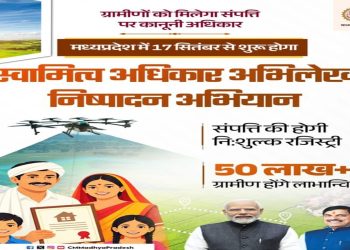 स्वामित्व अधिकार अभिलेख निष्पादन एवं पंजीयन योजना-2026” की शुरूआत 17 सितंबर से  योजना में लगभग 50 लाख निजी संपत्तियों के अधिकार अभिलेखों का होगा निःशुल्क पंजीयन निःशुल्क अधिकार अभिलेख पंजीयन का निर्णय लेने वाला देश का प्रथम राज्य बना मध्यप्रदेश