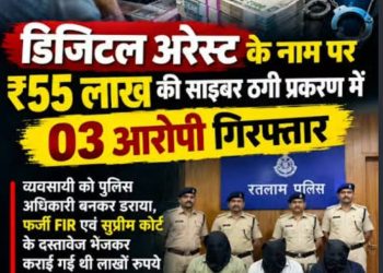 डिजिटल अरेस्ट के नाम पर ₹55 लाख की साइबर ठगी प्रकरण में 03 आरोपी गिरफ्तार-खादृय सुरक्षा विभाग की कार्यवाई, जांच हेतु बर्फी, सेव, सोयाबीन तेल तथा अन्‍य खाद्य पदार्थों के नमूने लिए गए-सेवा संकल्प अभियान के अंतर्गत समाज सेवा एवं वृक्षारोपण कार्यक्रम